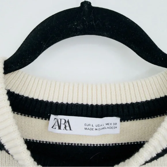 Zara | Black & Cream Striped Knit Crewneck Sweater Size Large - Picture 4 of 8